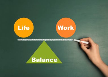 İş-yaşam dengesi kavramı. Tahtaya resim çizen kadın, yakın plan.