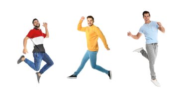 Moda kıyafetleri giymiş beyaz arka planda zıplayan duygusal gençlerin kolajı.