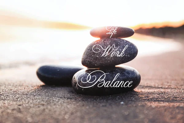 Work Life Balance Concept Stacked Stones Sandy Beach Sunset — Stock Photo, Image