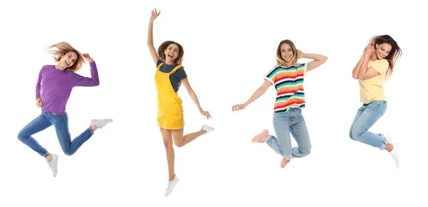 Collage Van Emotionele Jonge Vrouwen Dragen Mode Kleding Springen Een — Stockfoto