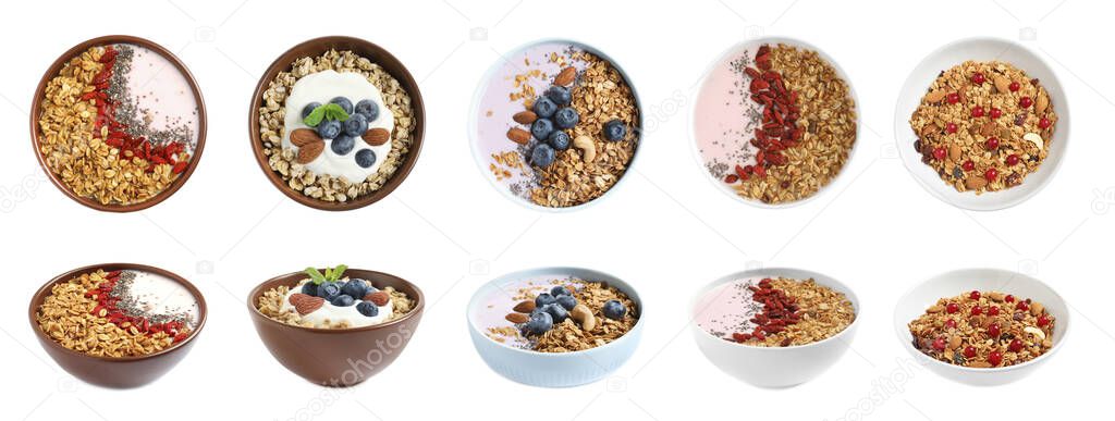 Set of different granola breakfasts with berries on white background. Banner design