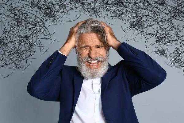 Stressed Man Mess His Head Grey Background — Stock Photo, Image