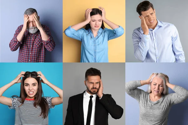 Collage with stressed people on different color backgrounds