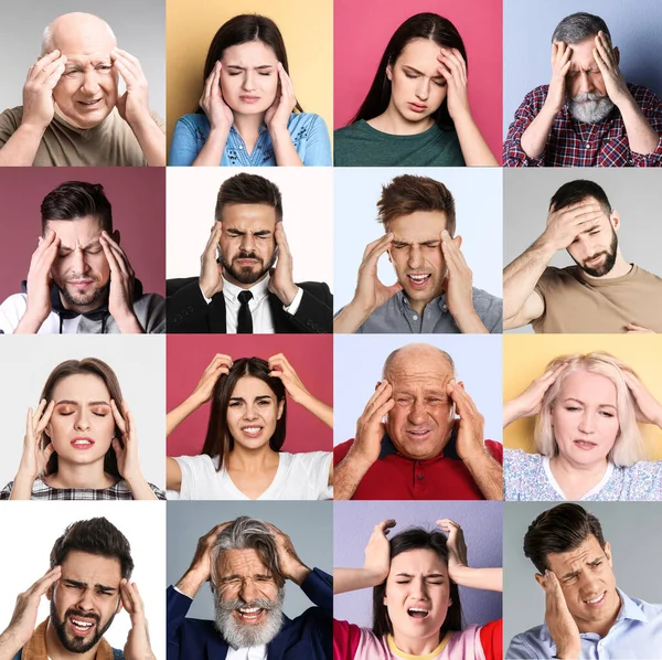 Collage with stressed people on different color backgrounds