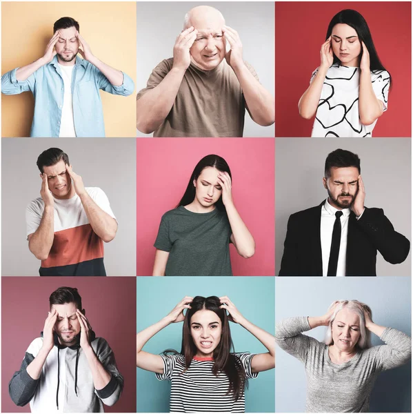 Collage with stressed people on different color backgrounds