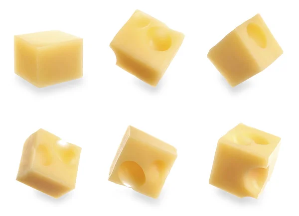 Set Delicious Cheese Cubes White Background — Stock Photo, Image