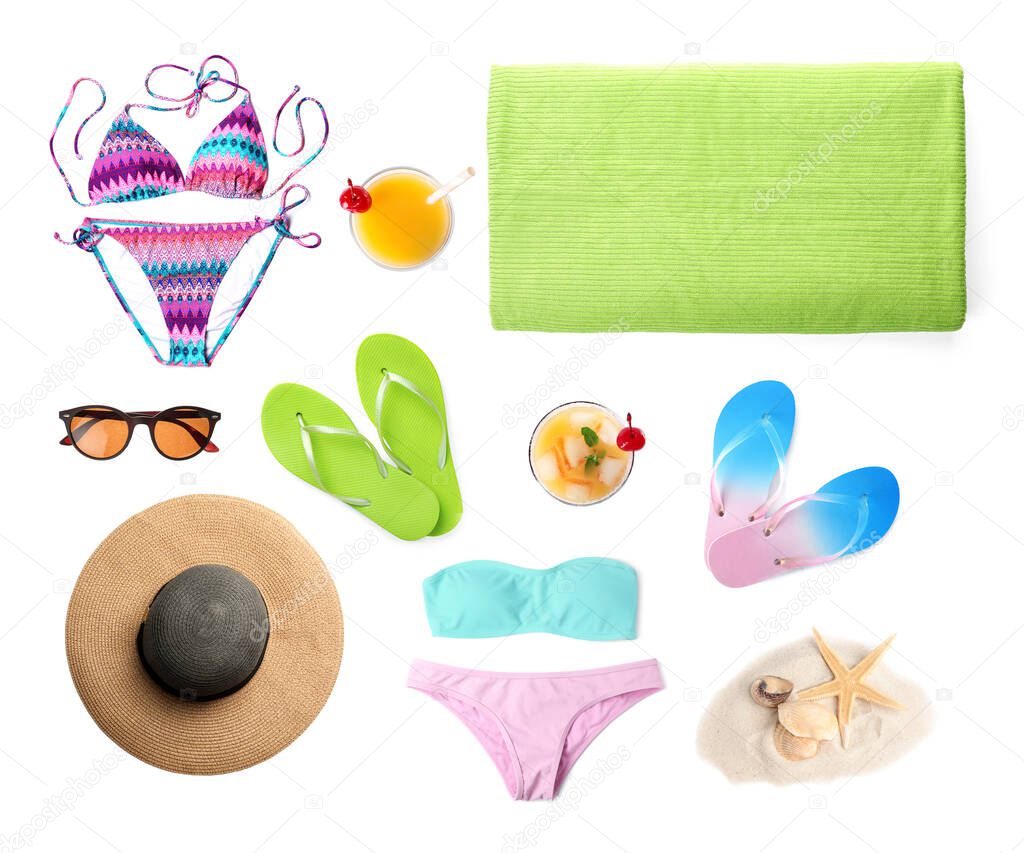 Set of items needed in summer vacation on white background