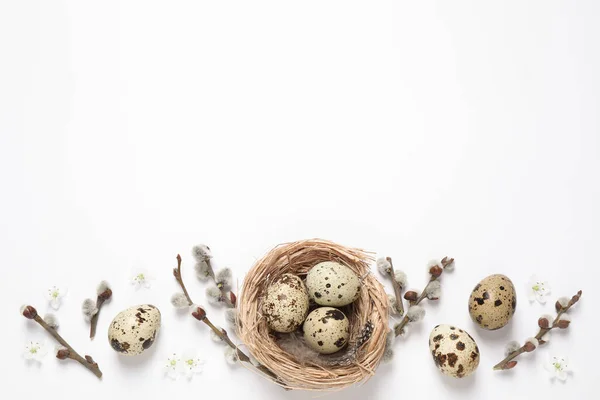 Flat Lay Composition Quail Eggs White Background Space Text Easter — Stock Photo, Image