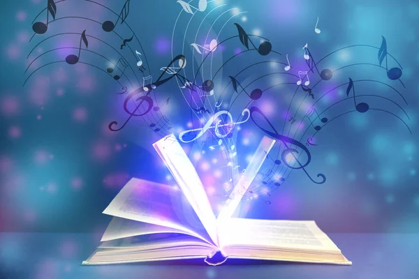 Symphony Shining Musical Notes Open Book Color Background — Stock Photo, Image