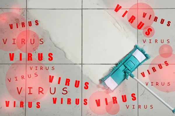 Schoonmaken Virussen Wasvloer Met Dweil Ontsmettingsoplossing Bovenaanzicht — Stockfoto