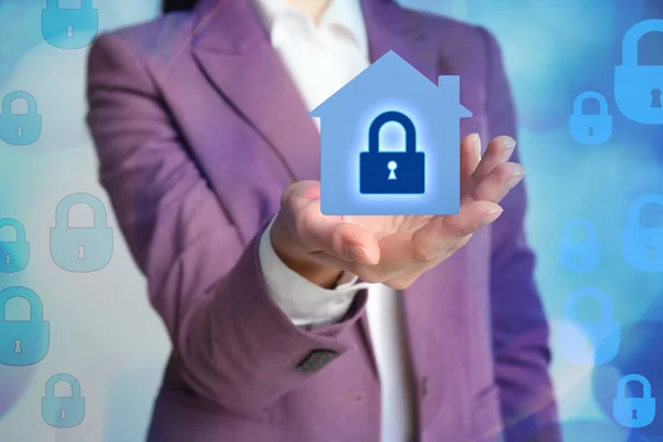 Home Security Concept Woman Holding House Light Background Closeup — Stock Photo, Image