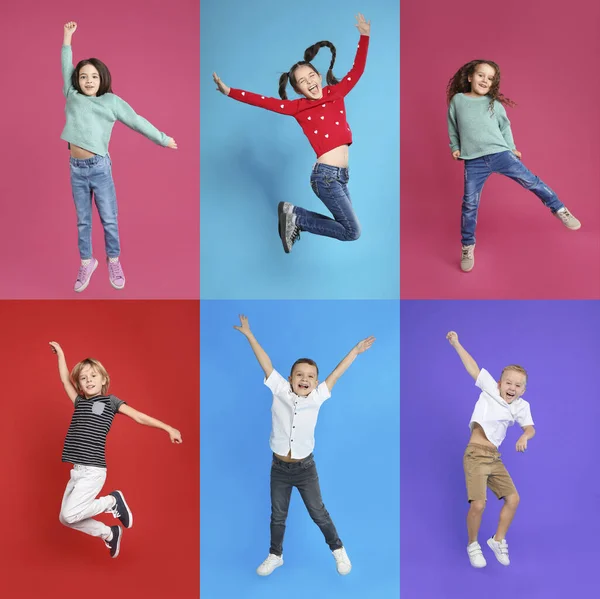 Collage Niños Emocionales Saltando Sobre Diferentes Fondos Color —  Fotos de Stock