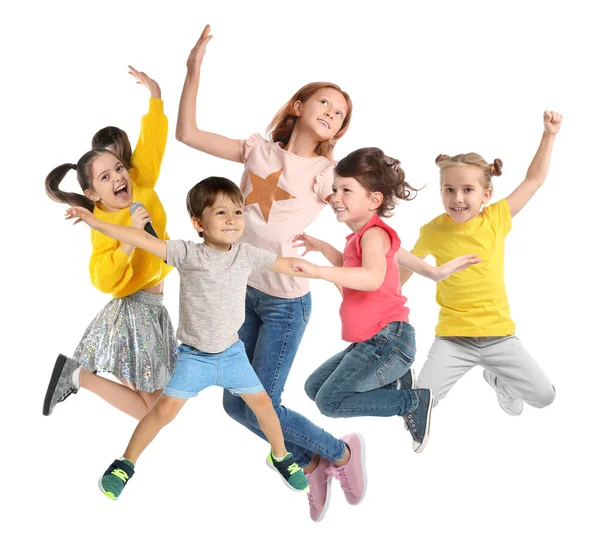 Collage Niños Emocionales Saltando Sobre Fondo Blanco — Foto de Stock