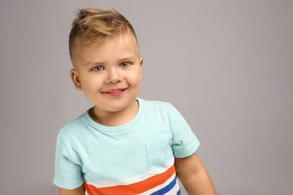 Cute Little Boy Posing Grey Background — Stock Photo, Image