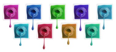 Set of different nail polishes dripping on white background. Banner design clipart