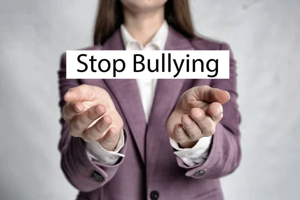 Young Woman Showing Sign Stop Bullying Light Background Closeup — Stock Photo, Image