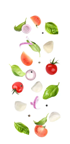 Mozzarella Cheese Tomatoes Onion Basil Leaves Falling White Background — Stock Photo, Image