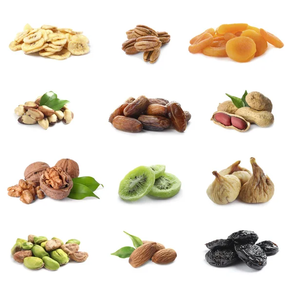 Set Different Dry Fruits Nuts White Background — Stock Photo, Image
