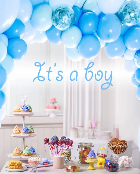 Baby Shower Party Boy Tasty Treats Table Room Decorated Balloons — Stock Photo, Image