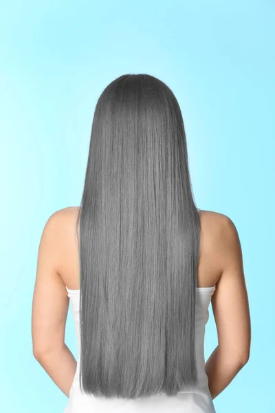 Woman Gray Hair Light Blue Background Back View — Stock Photo, Image