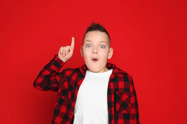 Portrait Emotional Little Boy Red Background — Stok Foto