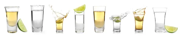 Uppsättning Olika Mexikanska Tequila Skott Vit Bakgrund Banderolldesign — Stockfoto
