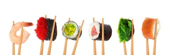 Collage Diferentes Rollos Sushi Camarones Sobre Fondo Blanco Diseño Banner — Foto de Stock