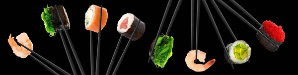 Collage Différents Rouleaux Sushi Crevettes Sur Fond Noir Conception Bannière — Photo