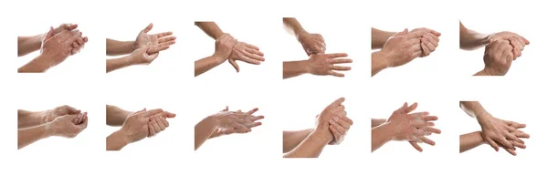 Beyaz Arka Planda Sabunla Ellerini Yıkayan Insanların Kolajı Yakın Plan — Stok fotoğraf