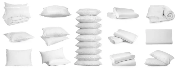 Collage Different Soft Pillows White Background Banner Design — Stock Photo, Image