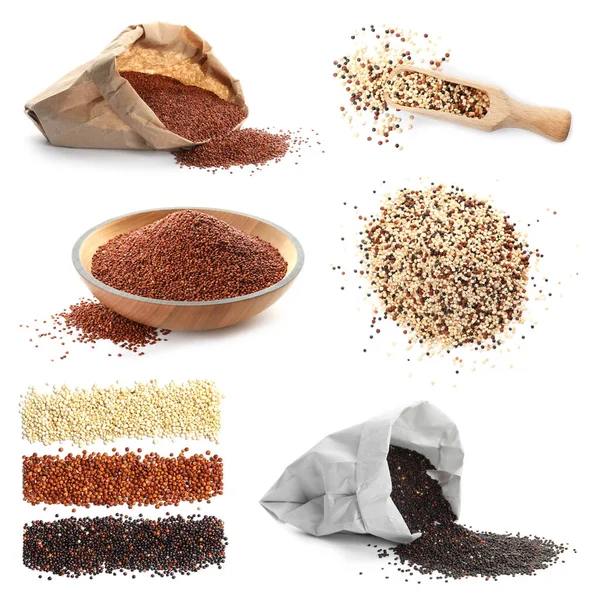 Set Avec Différents Types Quinoa Sur Fond Blanc — Photo