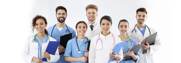 Orvosokból Álló Csapat Fehér Háttérrel Egészségügyi Dolgozók — Stock Fotó