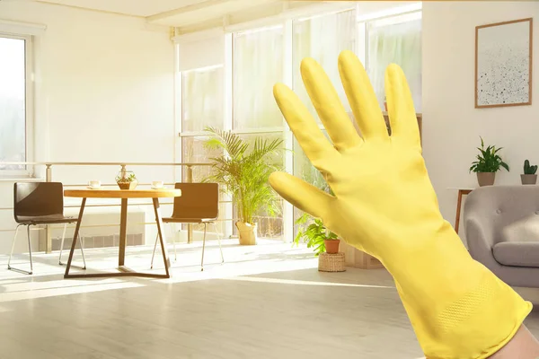 Halten Sie Ihr Zuhause Virenfrei Frau Handschuhen Sauberem Sonnendurchflutetem Raum — Stockfoto