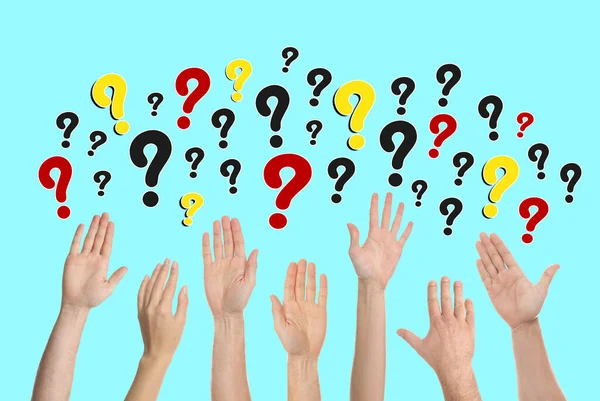 Collage of people raising hands and question marks on turquoise background, closeup