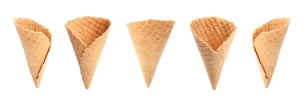 Set Empty Wafer Ice Cream Cones White Background Banner Design — Stock Photo, Image