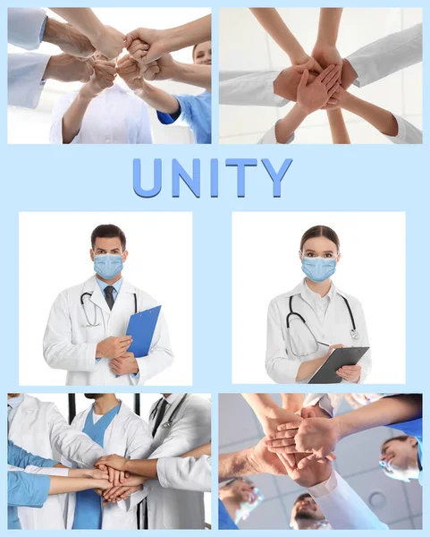 Egységkoncepció Kollázs Orvosi Maszkot Viselő Orvosok Csapatával — Stock Fotó