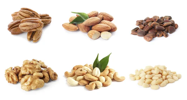 Set Different Nuts White Background — Stock Photo, Image