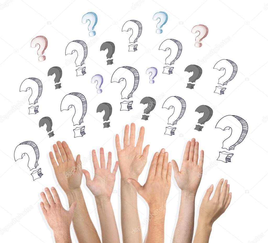 Collage of people raising hands and question marks on white background, closeup