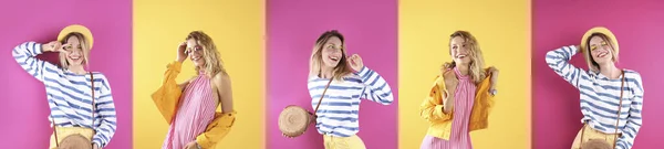 Colagem Bela Jovem Posando Diferentes Fundos Cores Design Banner — Fotografia de Stock