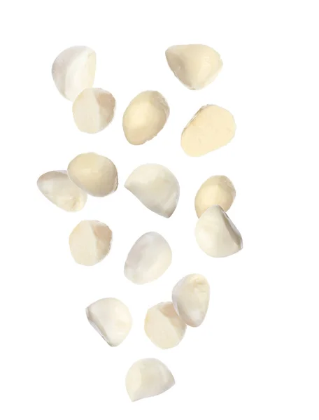 Set Falling Mozzarella Cheese Balls White Background — Stock Photo, Image