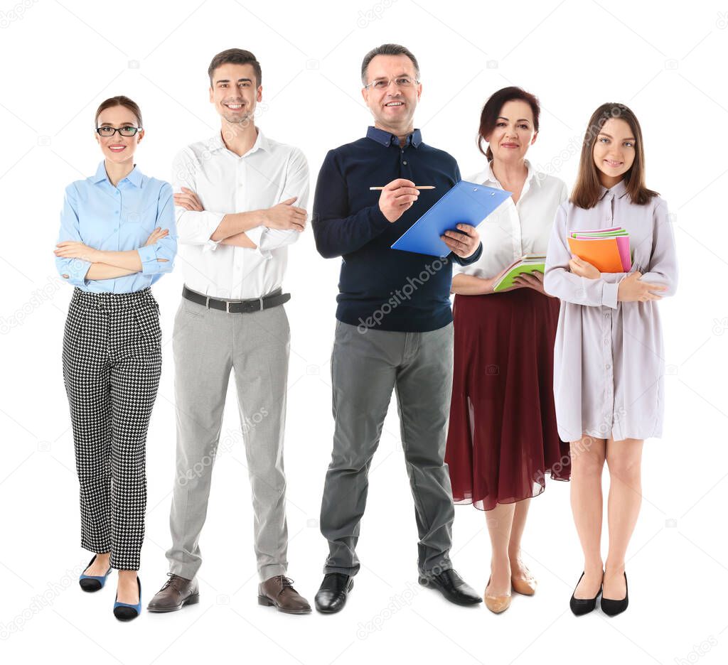 Group of different teachers on white background