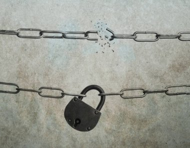 Renkli arka planda kırık metal zincir. Özgürlük kavramı 