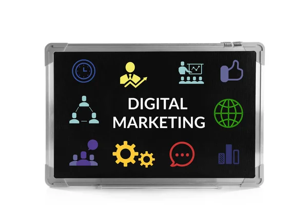 Klein Schoolbord Met Digitaal Marketingplan Geïsoleerd Wit — Stockfoto