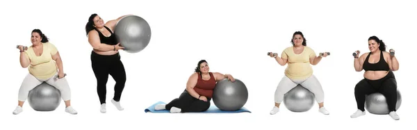 Collage Donna Sovrappeso Con Fitball Fare Esercizi Sfondo Bianco Design — Foto Stock