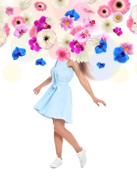 Kreative Frühjahrsmodekomposition Tanzendes Mädchen Und Blumen Spritzen — Stockfoto