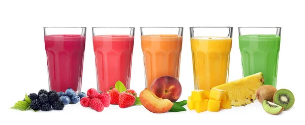 Different Delicious Smoothies Glasses White Background Banner Design — Stock Photo, Image