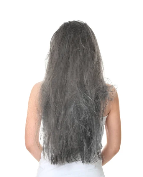 Mujer Con Pelo Gris Enredado Sobre Fondo Blanco Vista Trasera — Foto de Stock