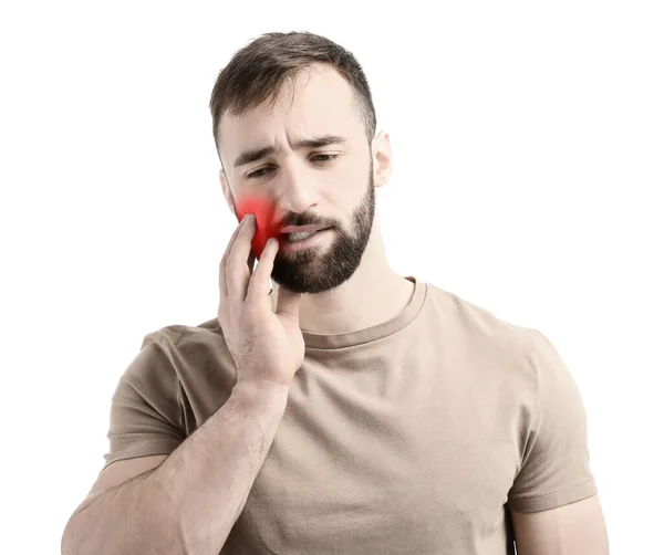 Jeune Homme Souffrant Mal Dents Sur Fond Blanc — Photo