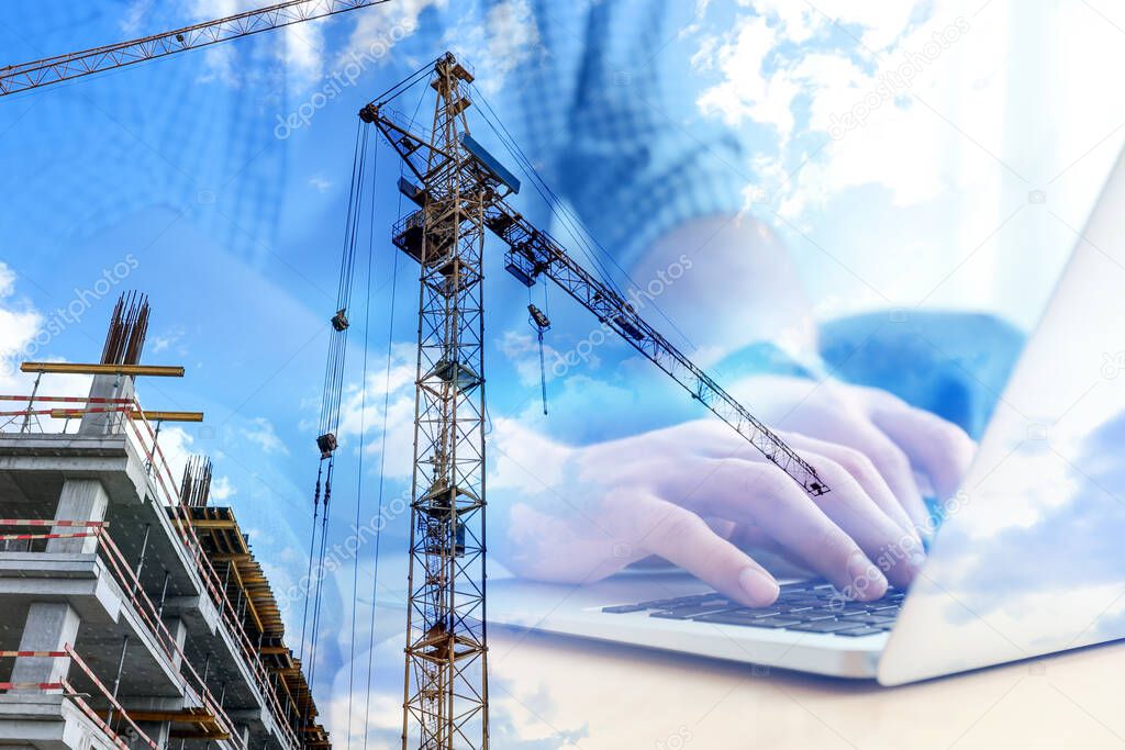 Double exposure of male programmer using laptop and construction site, closeup 