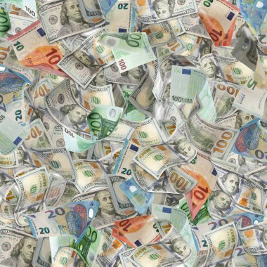Arka plan olarak para, üst görünüm. Para birimi değişimi